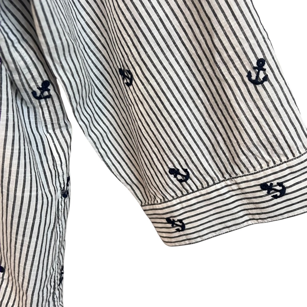 Chicos Blue White Striped Cotton Tie Front Shirt Embroidered Anchors Size 3 - Picture 4 of 4
